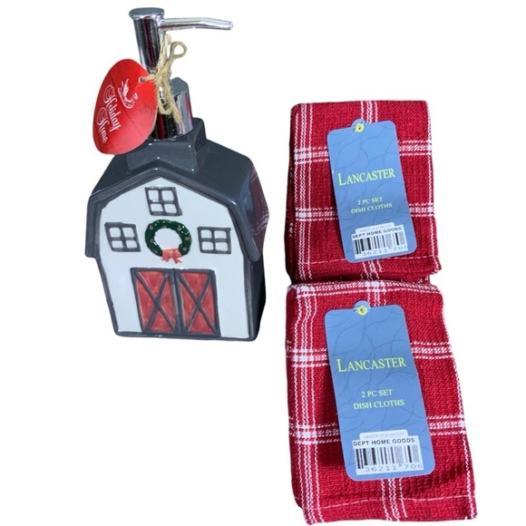 Holiday Soap Dispenser Barn  Farmhouse Plaid Dish Cloth Red White Gift Set 5 PC - Picture 9 of 16